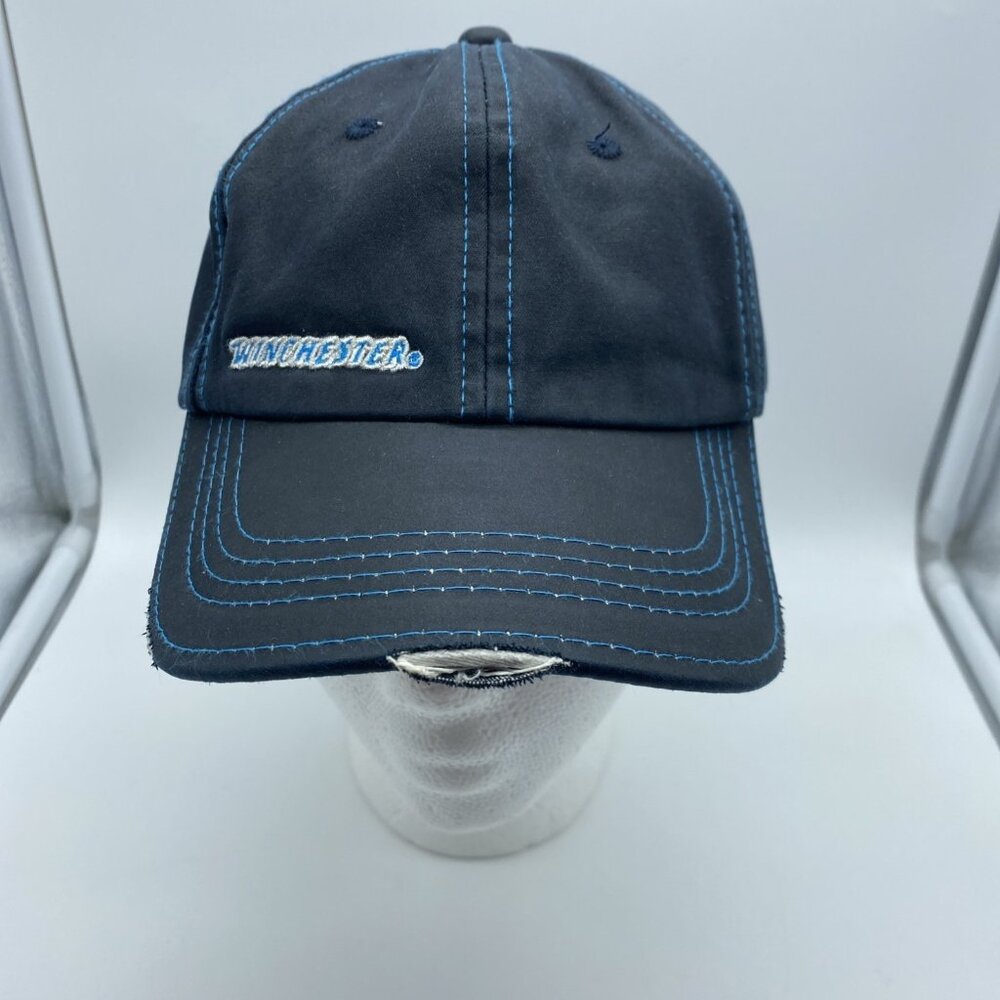 Winchester Blue Adjustable Baseball Cap Hat Strap-back Oiled Fabric Worn Bill